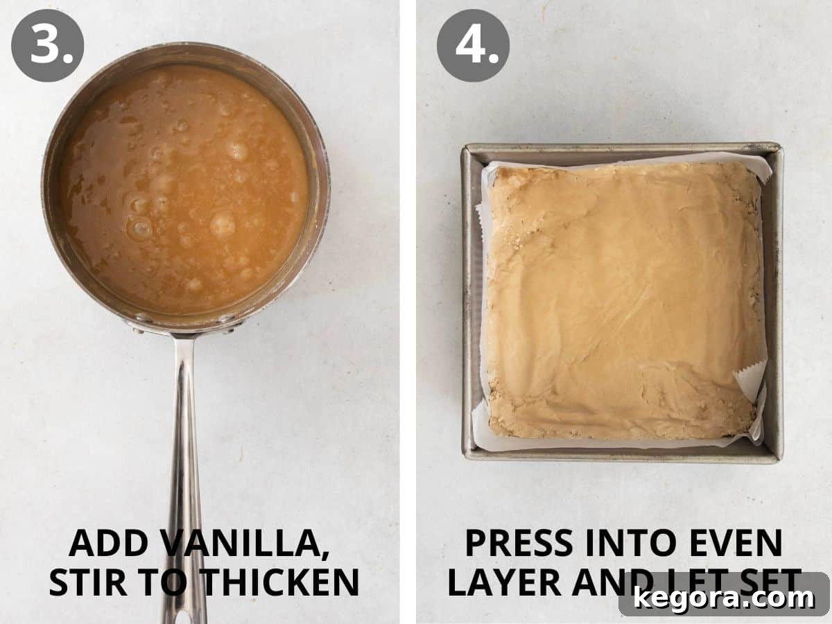 Golden Vanilla Penuche Fudge 7 Step-by-step photos showing adding vanilla, vigorous stirring until shiny, and pressing the fudge into an even layer in a prepared pan.