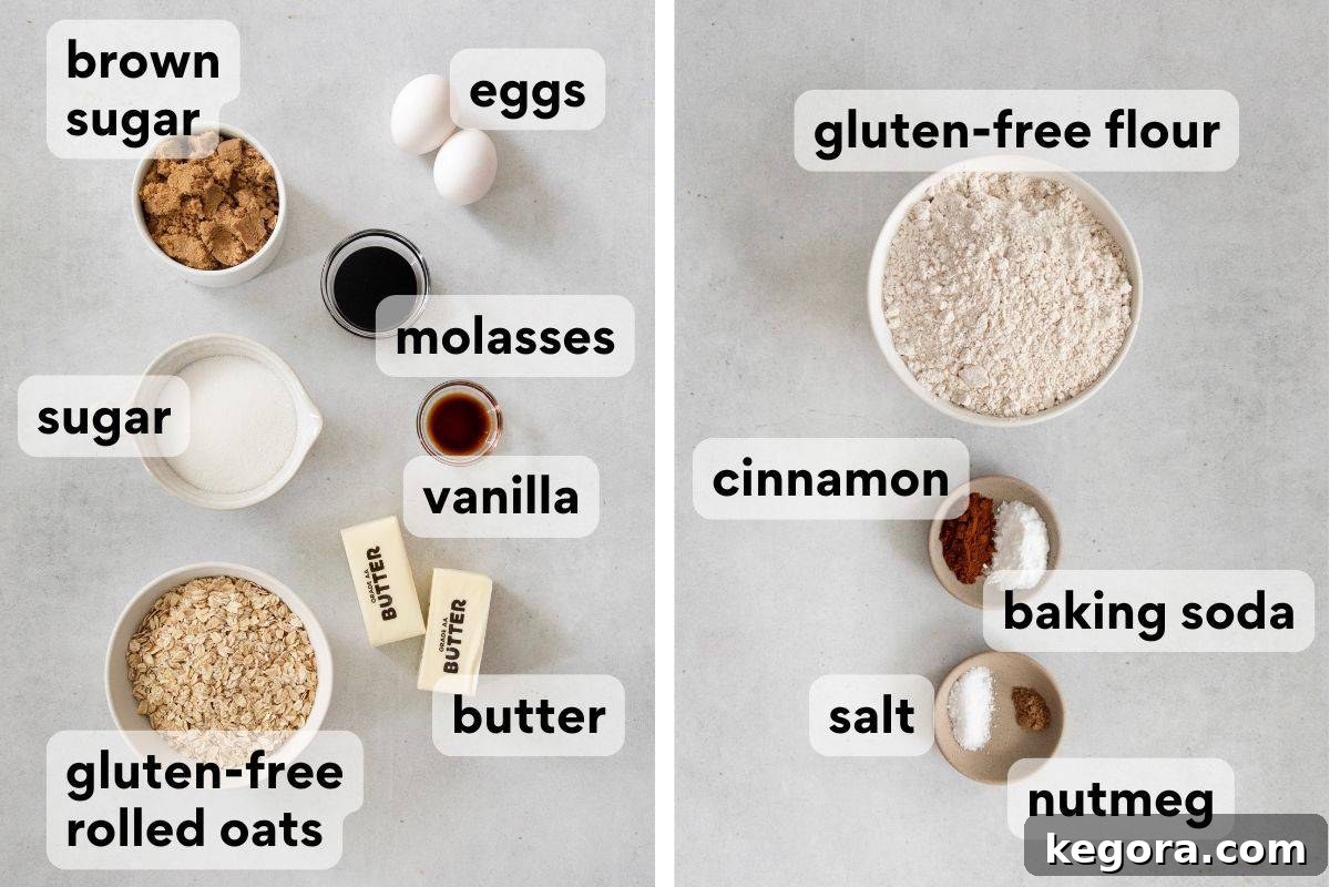 Irresistible Gluten-Free Iced Oatmeal Cookies 4 Ingredients for gluten-free iced oatmeal cookies, meticulously measured and labeled on a kitchen counter.