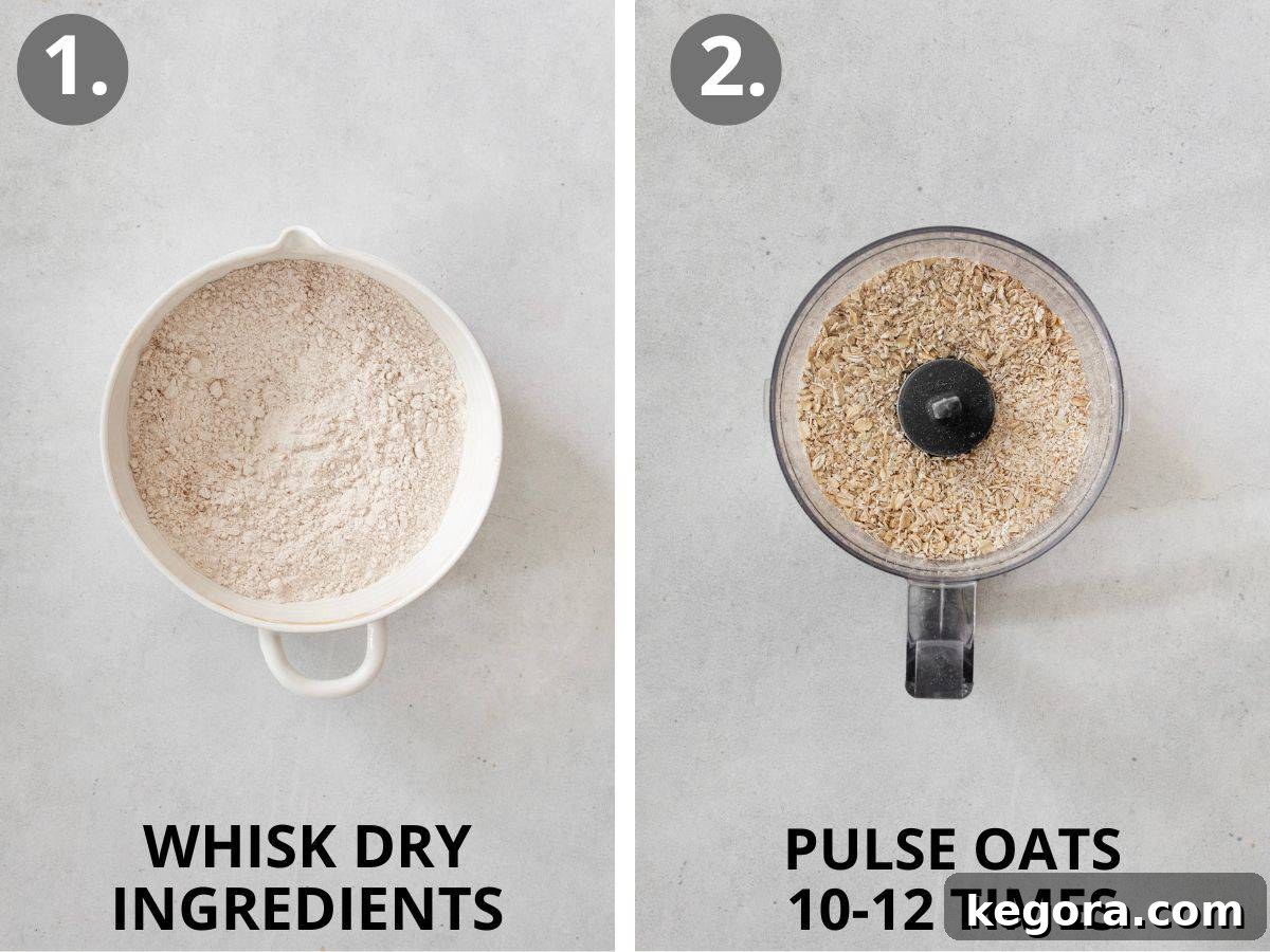 Irresistible Gluten-Free Iced Oatmeal Cookies 7 Step 1: Whisking dry ingredients in a bowl. Step 2: Pulsing oats in a food processor.