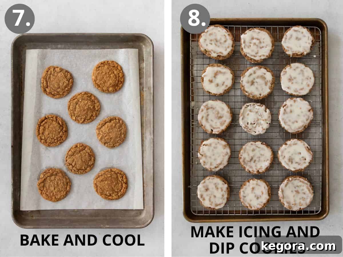 Irresistible Gluten-Free Iced Oatmeal Cookies 10 Step 7: Baking cookies on a lined sheet. Step 8: Dipping cooled cookies in thick vanilla icing.