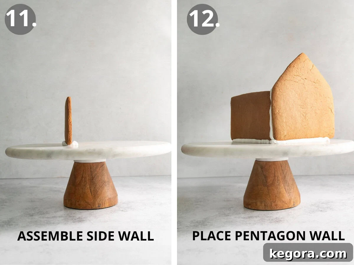 One gingerbread house side wall placed on a platter with icing and two walls forming a corner