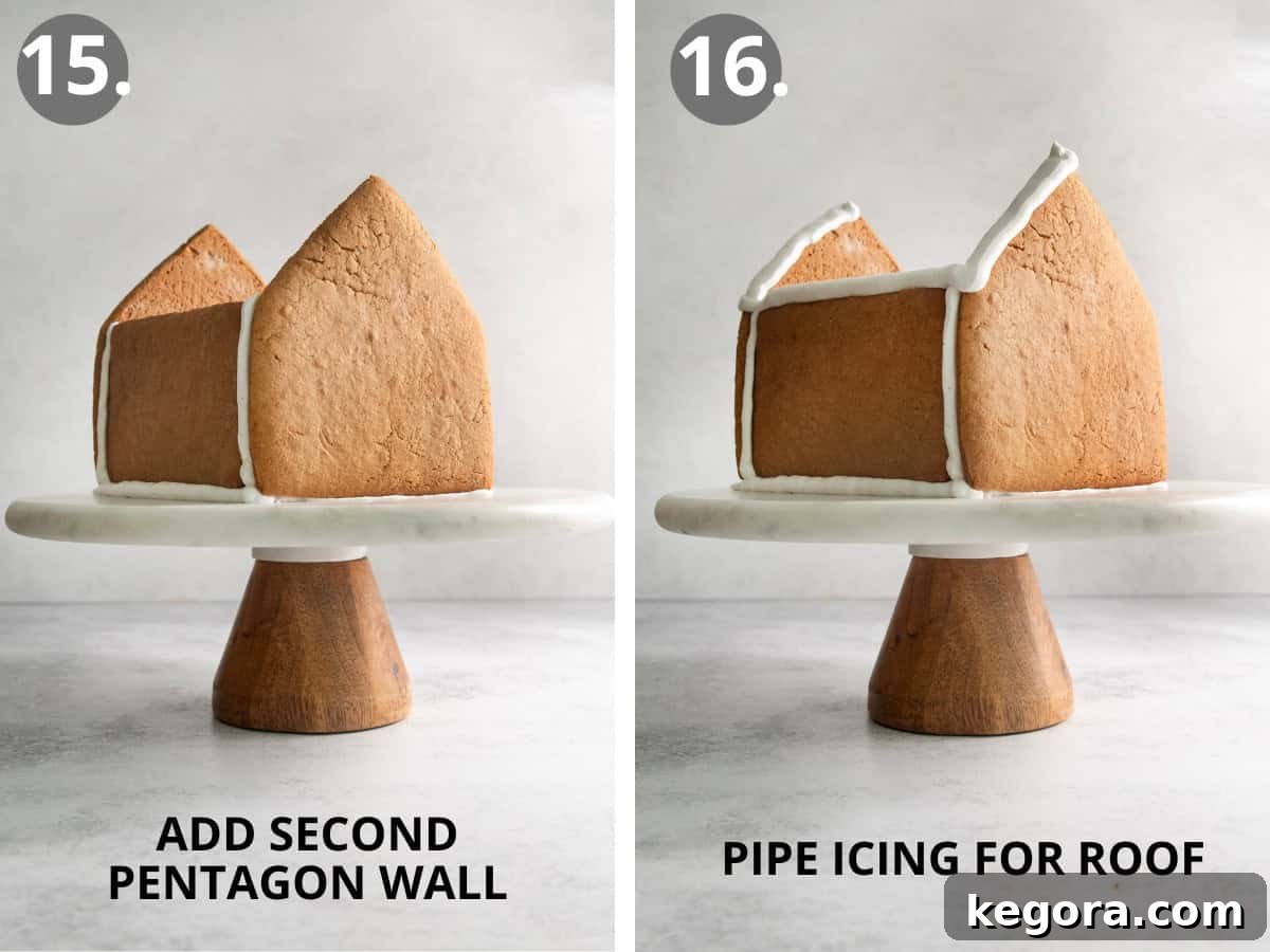 Gluten-Free Gingerbread Wonderland 13 Completed gingerbread house walls on a platter, and royal icing piped along the top edges of the walls in preparation for the roof.