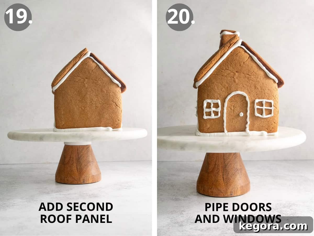 Gluten-Free Gingerbread Wonderland 15 A fully assembled gingerbread house with no frosting decoration, followed by the house with initial piping of doors and windows using royal icing.