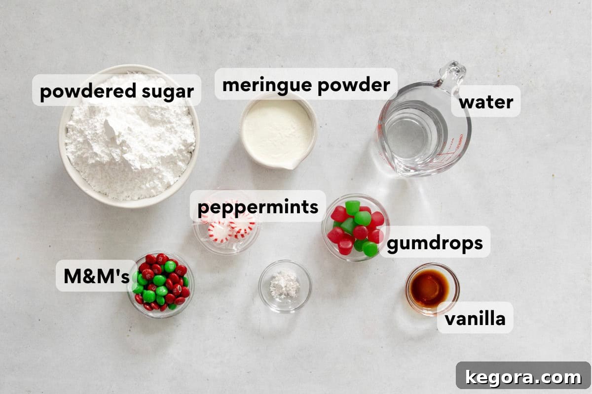 Gluten-Free Gingerbread Wonderland 5 Royal icing ingredients, including meringue powder and powdered sugar, alongside a variety of colorful gluten-free candies for decorating a gingerbread house.