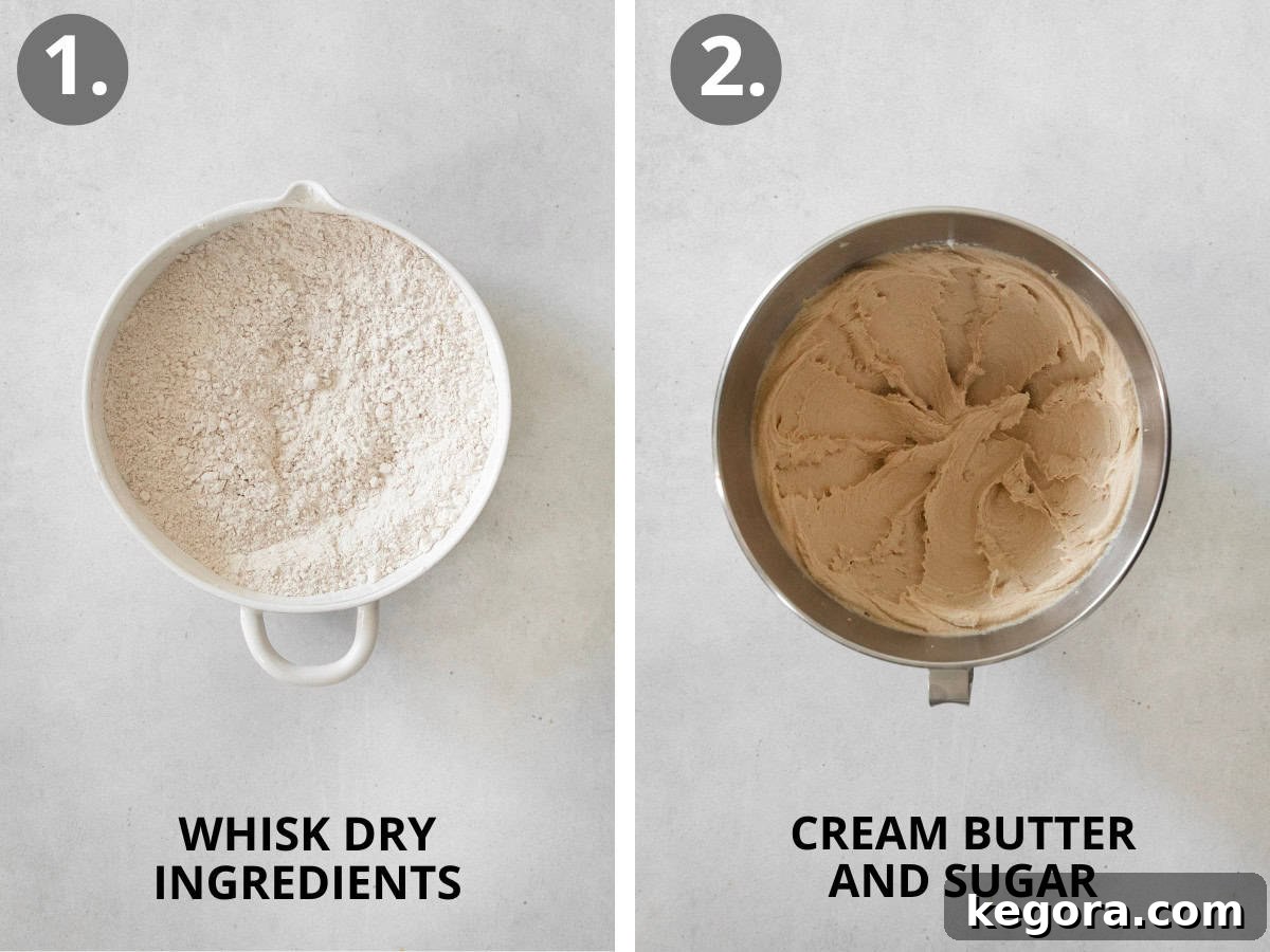 Dry ingredients in a bowl for gluten-free gingerbread dough and butter and shortening creamed in a stand mixer