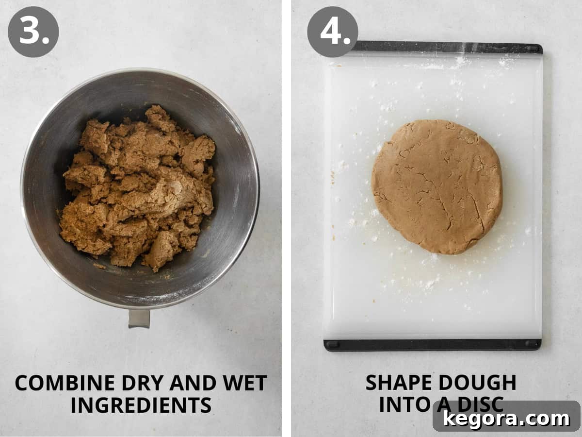 Wet and dry ingredients for gluten-free gingerbread being mixed in a bowl and the prepared gingerbread dough shaped into a disc on a cutting board