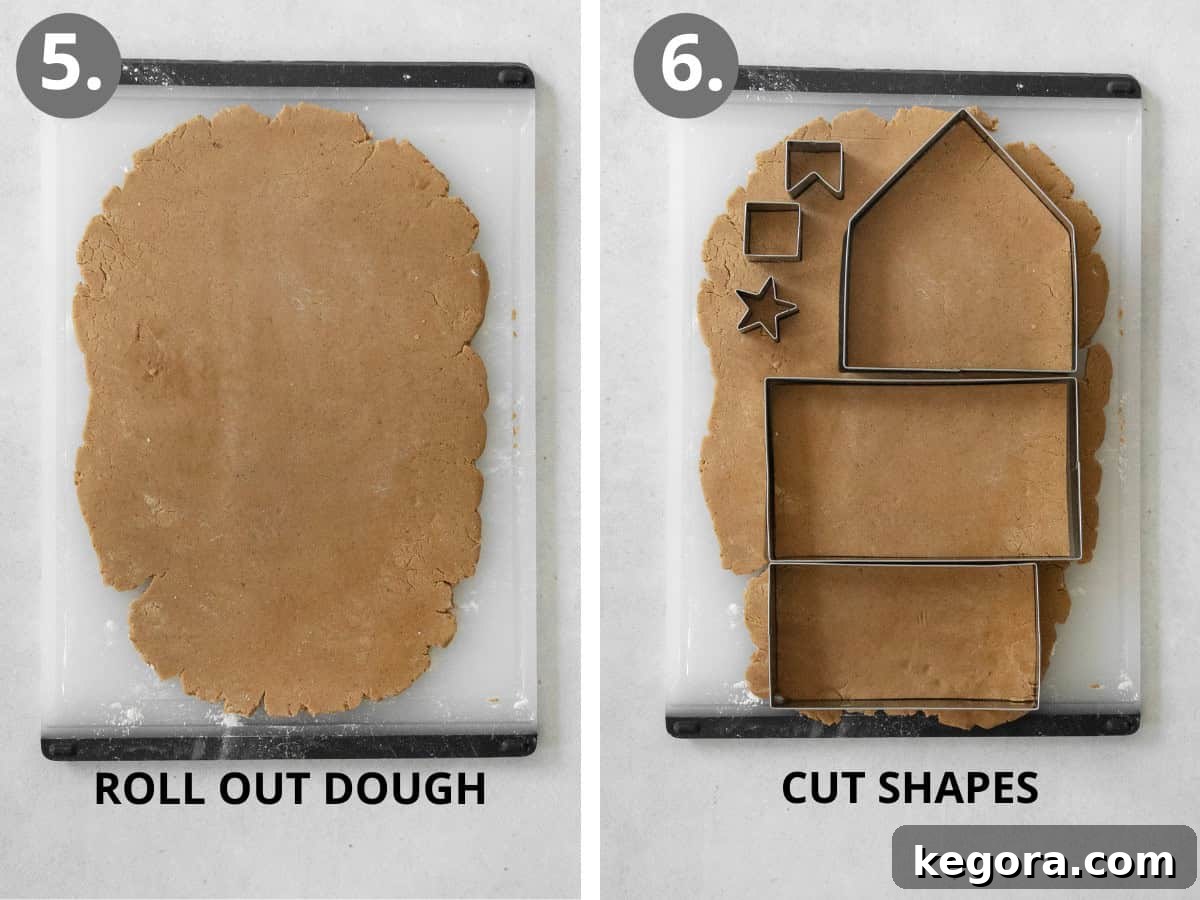 Gluten-free gingerbread dough being rolled out on a cutting board and various shapes cut from the gingerbread dough
