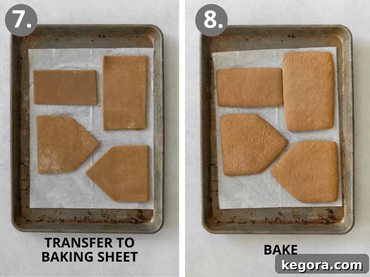 Gluten-Free Gingerbread Wonderland 9 Unbaked gluten-free gingerbread dough shapes arranged on a parchment-lined baking sheet, and another baking sheet with golden-brown baked gingerbread pieces.