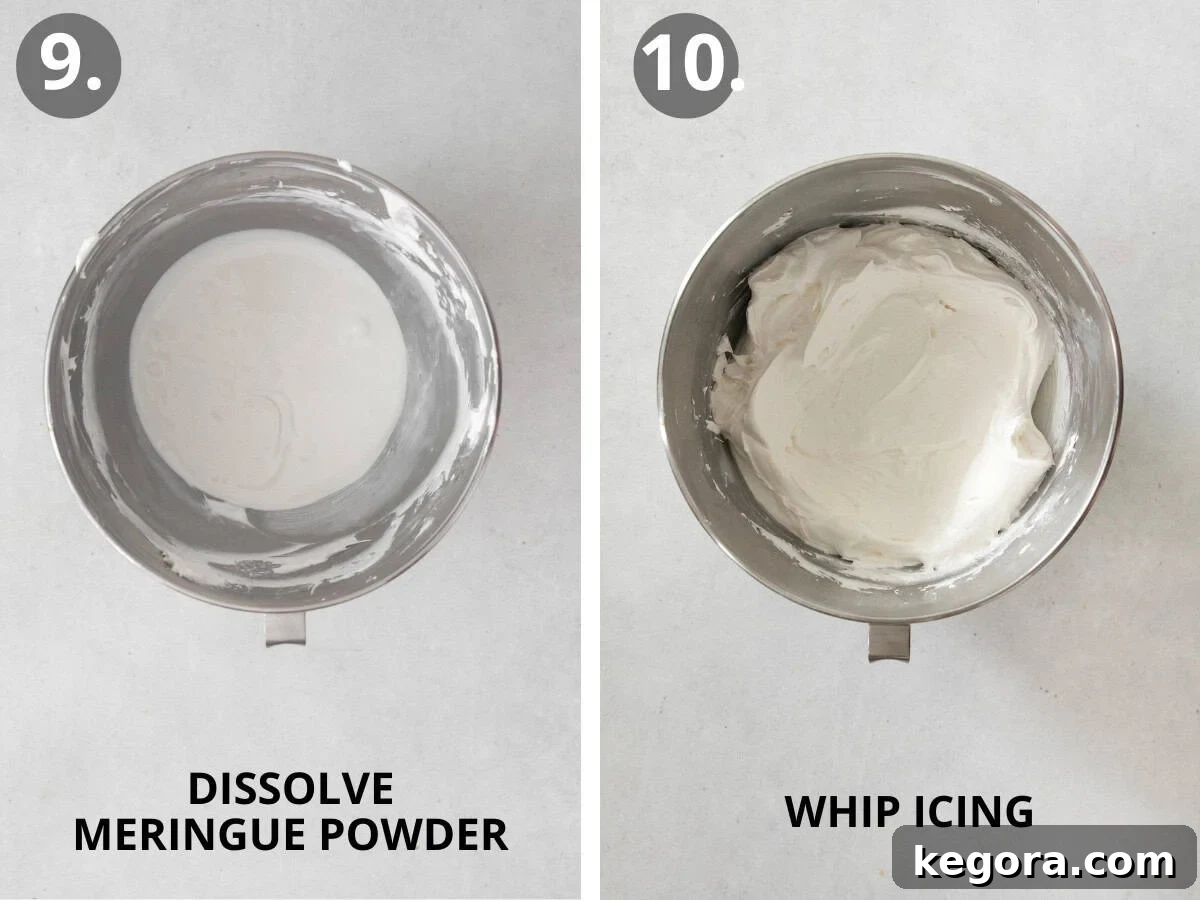 Meringue powder in a bowl and royal icing being whipped to stiff peaks in a stand mixer