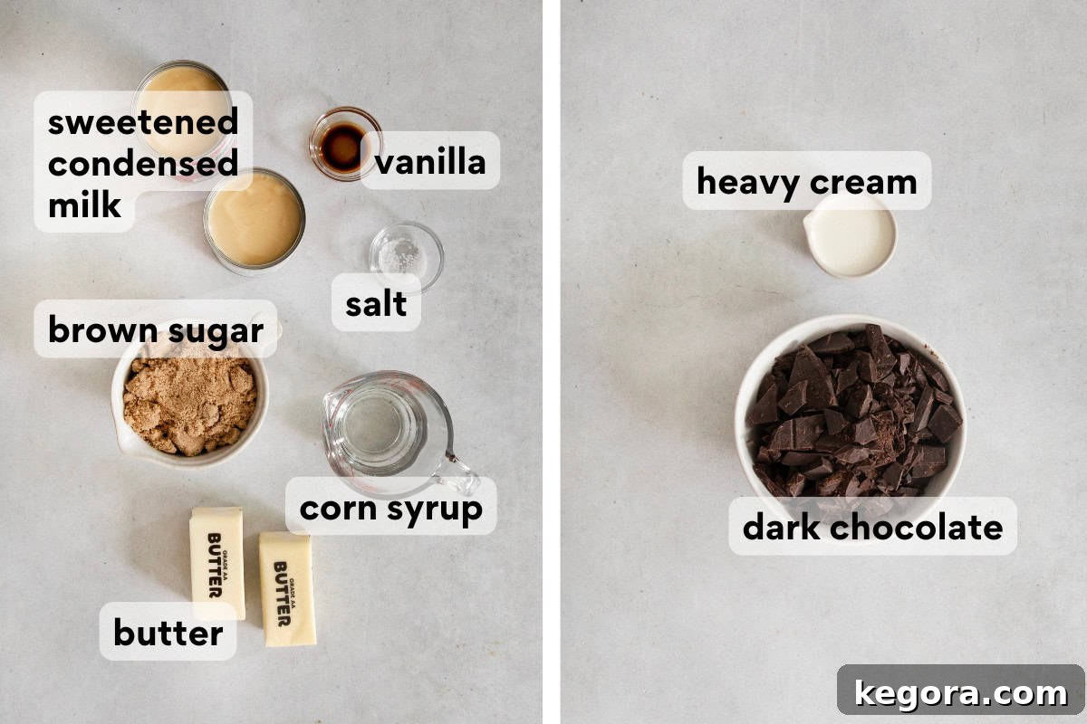Ingredients for caramel and chocolate ganache for gluten-free millionaire's shortbread on a countertop