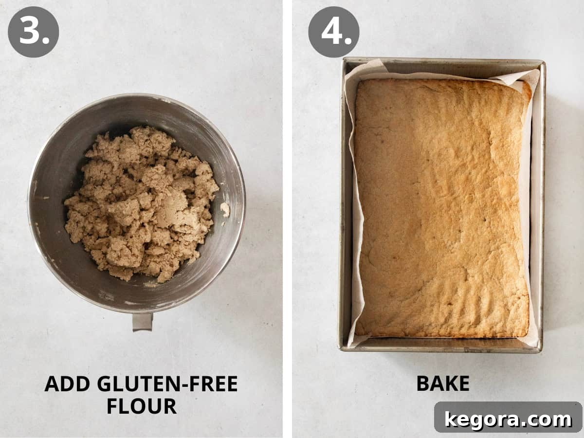 Gluten-free flour being added to the shortbread mixture, and the baked shortbread crust in a pan