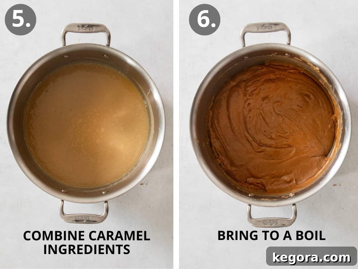 Caramel ingredients melting in a pot, and thickened caramel bubbling gently