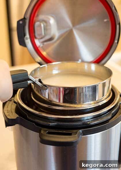 A pan gripper lifting a small pot of rice and water, poised to be placed on a trivet inside a pressure cooker for pot-in-pot cooking.