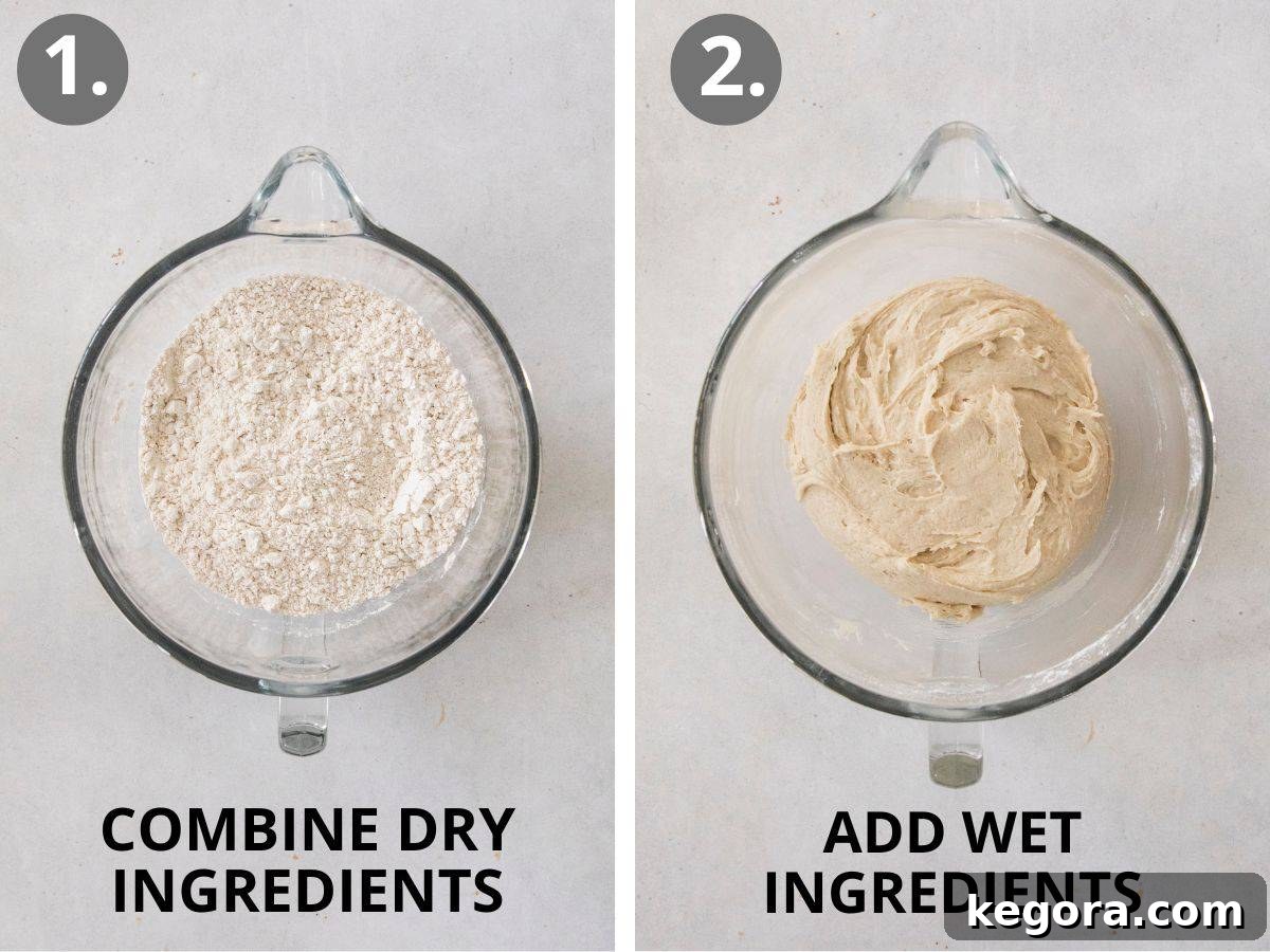 Irresistible Gluten-Free Cinnamon Swirl Wreath 6 Step-by-step images showing the combination of dry ingredients in a stand mixer, followed by the addition of wet ingredients to form the gluten-free dough.