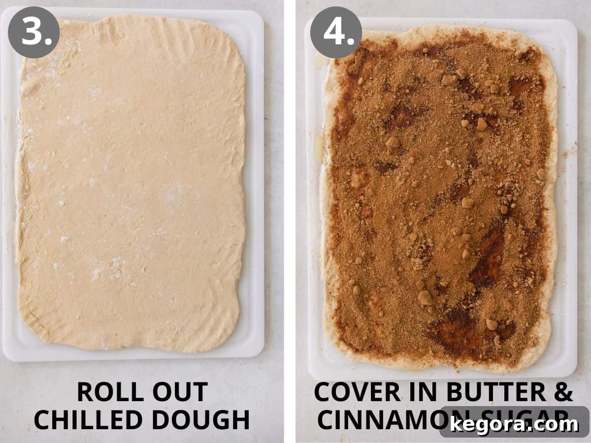 Irresistible Gluten-Free Cinnamon Swirl Wreath 7 Images demonstrating the chilled dough being rolled out into a large square, then covered with melted butter and sprinkled generously with the cinnamon-sugar filling.
