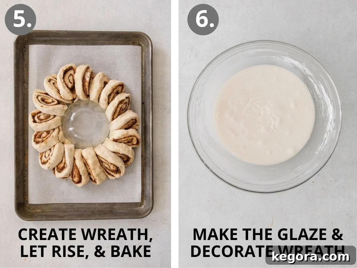 Irresistible Gluten-Free Cinnamon Swirl Wreath 8 Sequential images depicting the dough being cut into strips, rolled into individual cinnamon rolls, arranged into a wreath shape, allowed to rise, baked to golden perfection, and finally decorated with glaze and optional garnishes.
