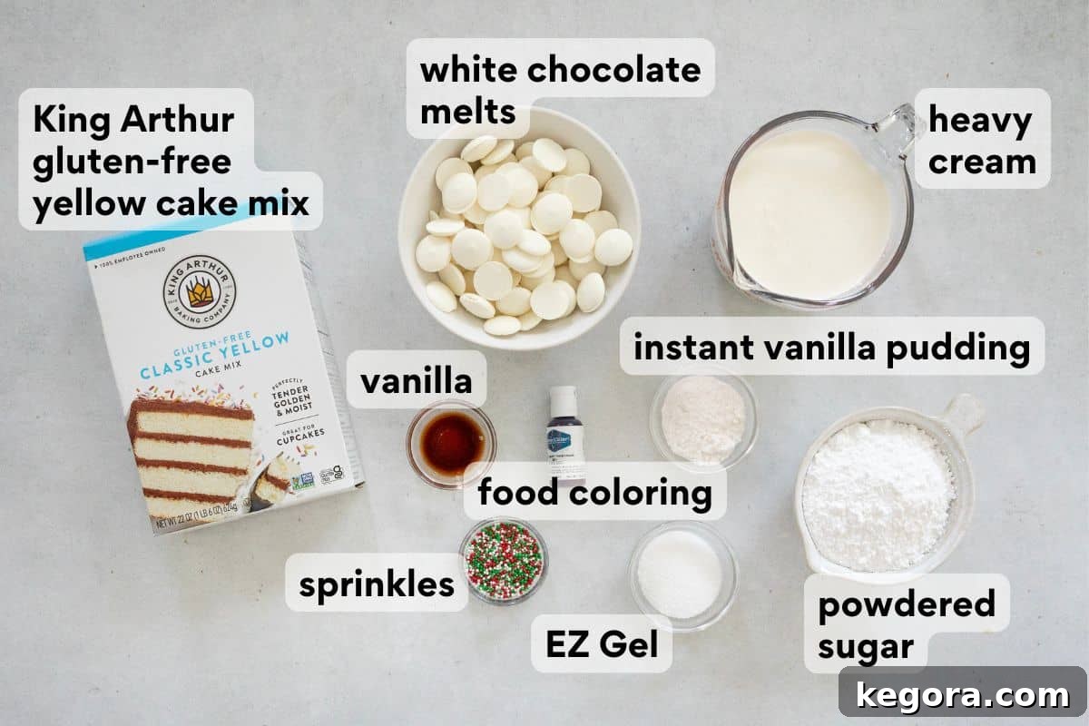 A flat lay of all measured gluten-free Little Debbie Christmas tree cake ingredients.