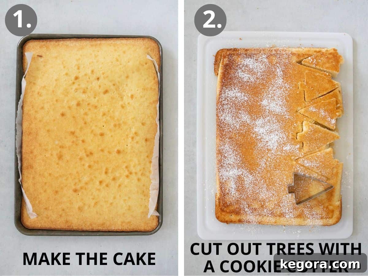 Steps 1 and 2: Making the cake and cutting out tree shapes with a cookie cutter.