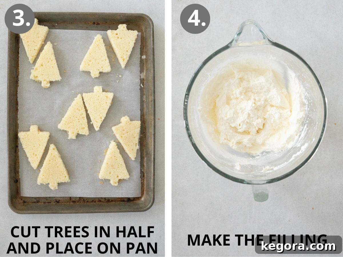 Steps 3 and 4: Slicing trees horizontally and preparing the creamy filling in a stand mixer.