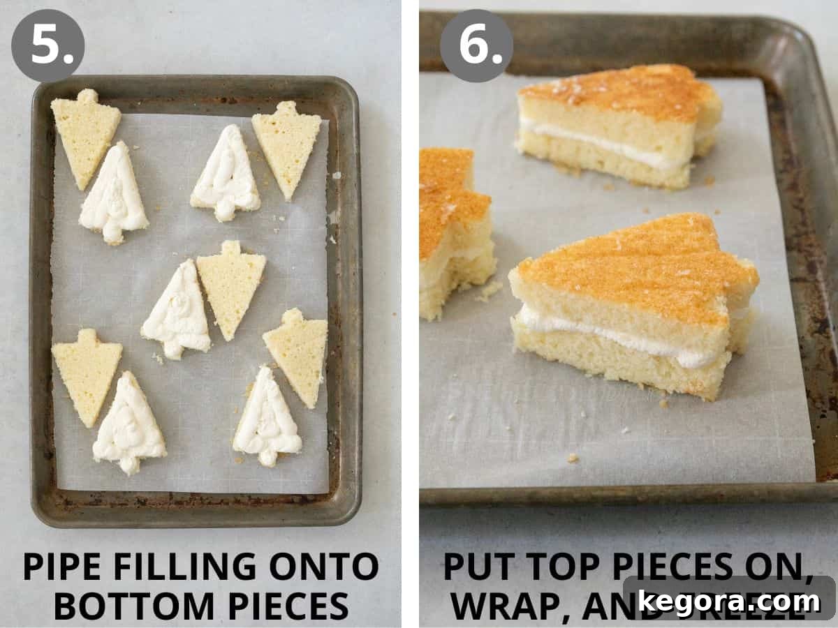 Steps 5 and 6: Piping filling onto cake halves, assembling, wrapping, and freezing the cakes.
