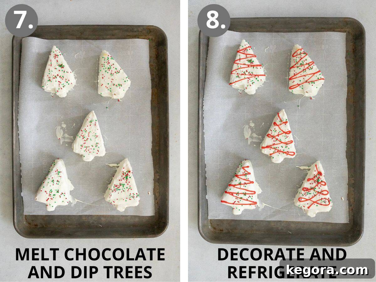 Steps 7 and 8: Melting chocolate, dipping the frozen cakes, decorating, and chilling for the final set.