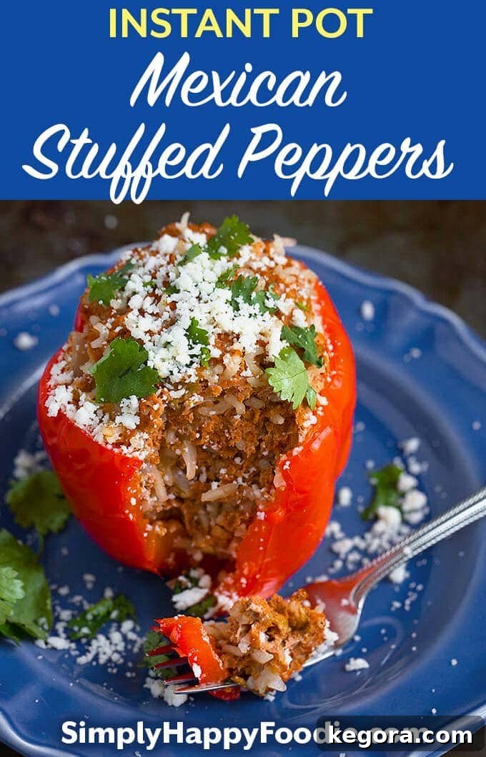 Instant Pot Fiesta Stuffed Peppers 5 Instant Pot Mexican Stuffed Peppers with title and simply happy foodie logo, designed for Pinterest sharing.