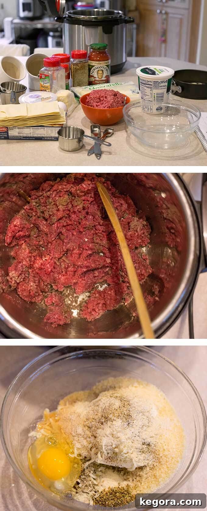 Three images of lasagna making steps, ingredients, sauce ingredients in pot, and cheese and egg ingredients in glass mixing bowl
