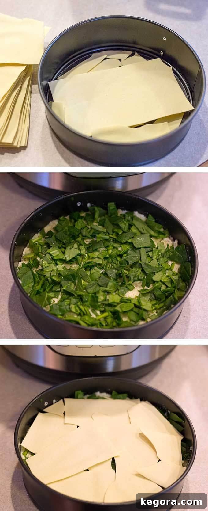 Three images showing layering of lasagna noodles and vegetables in round pot