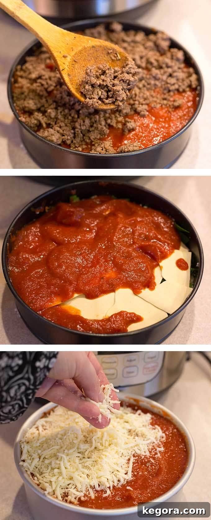 Three images showing layering of meat, sauce, and cheese