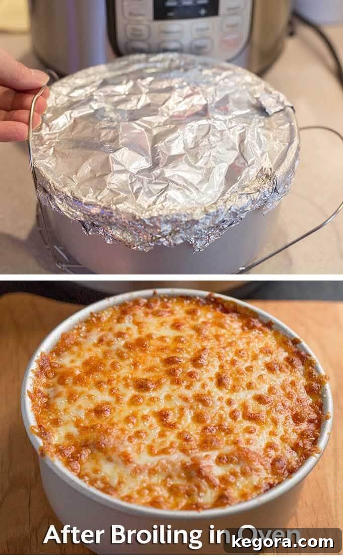 Two images showing lasagna pan covered in aluminum foil then image of instant pot lasagna after broiling in oven
