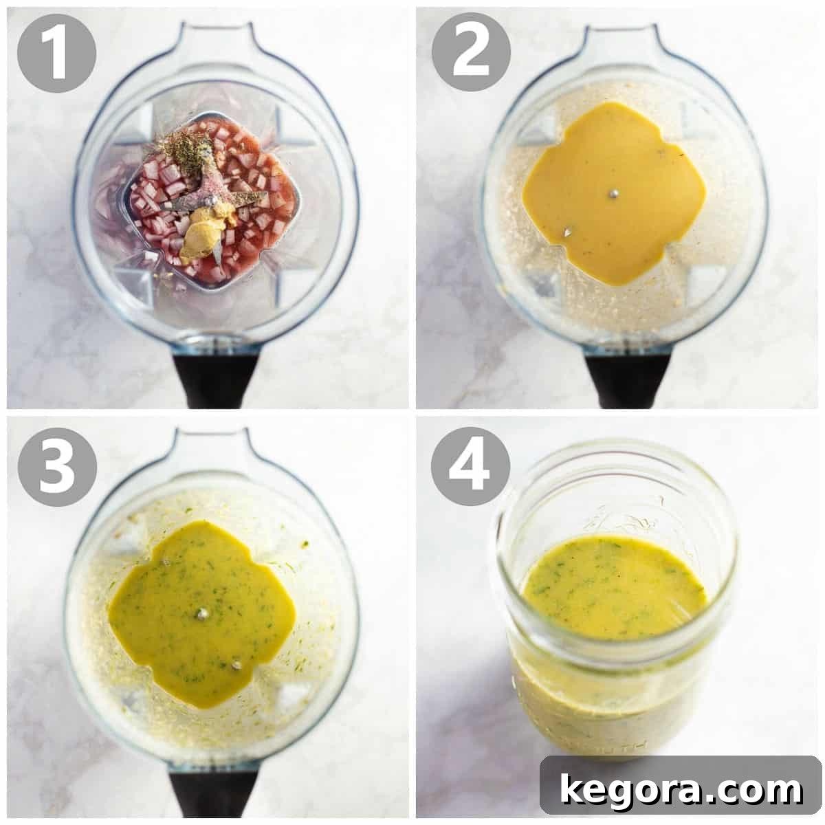 Classic Niçoise Vinaigrette 4 Step-by-step photos illustrating the blending process for making Niçoise dressing.
