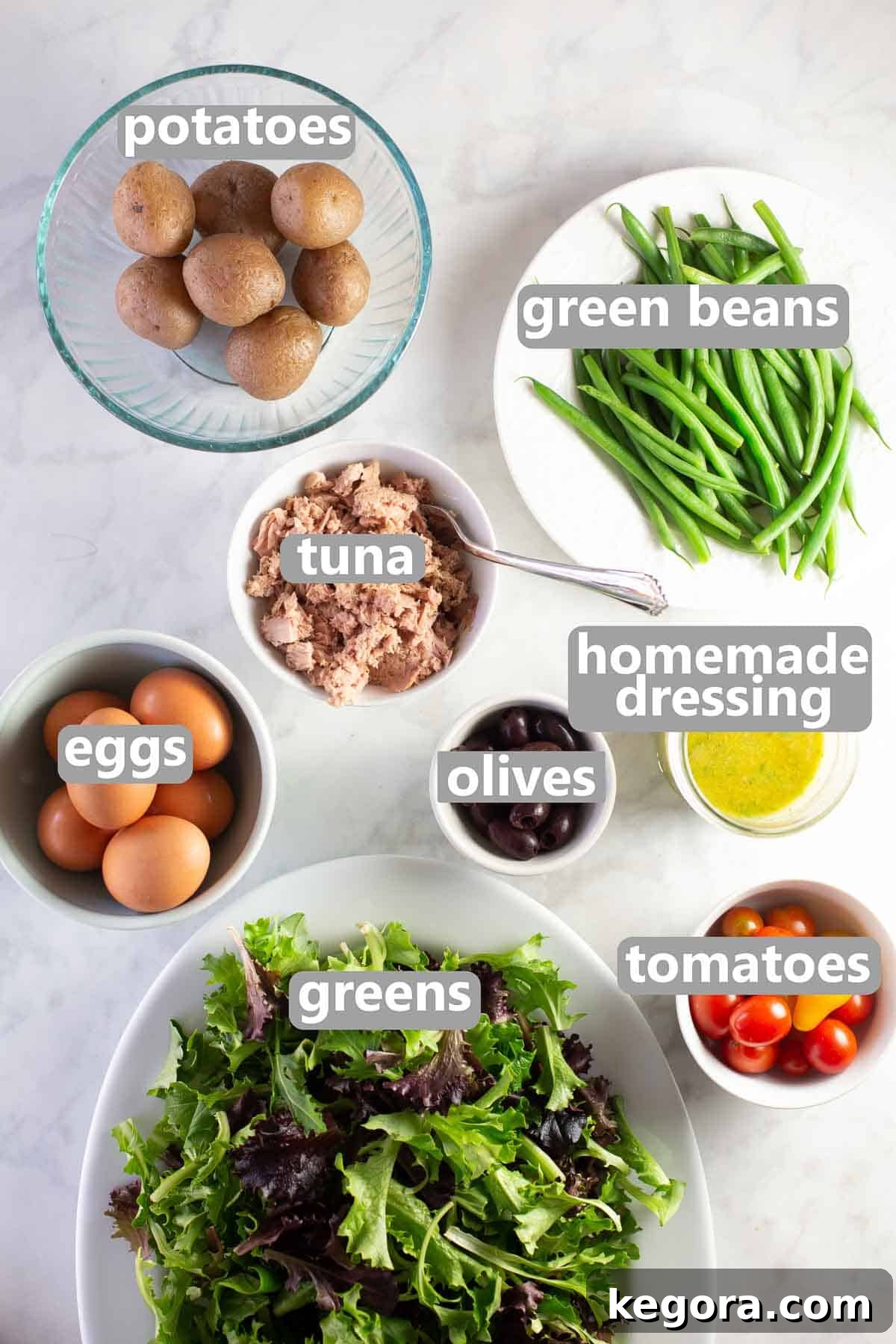 Salad Nicoise Ingredients Individual ingredients for Salade Niçoise, neatly arranged and labeled.