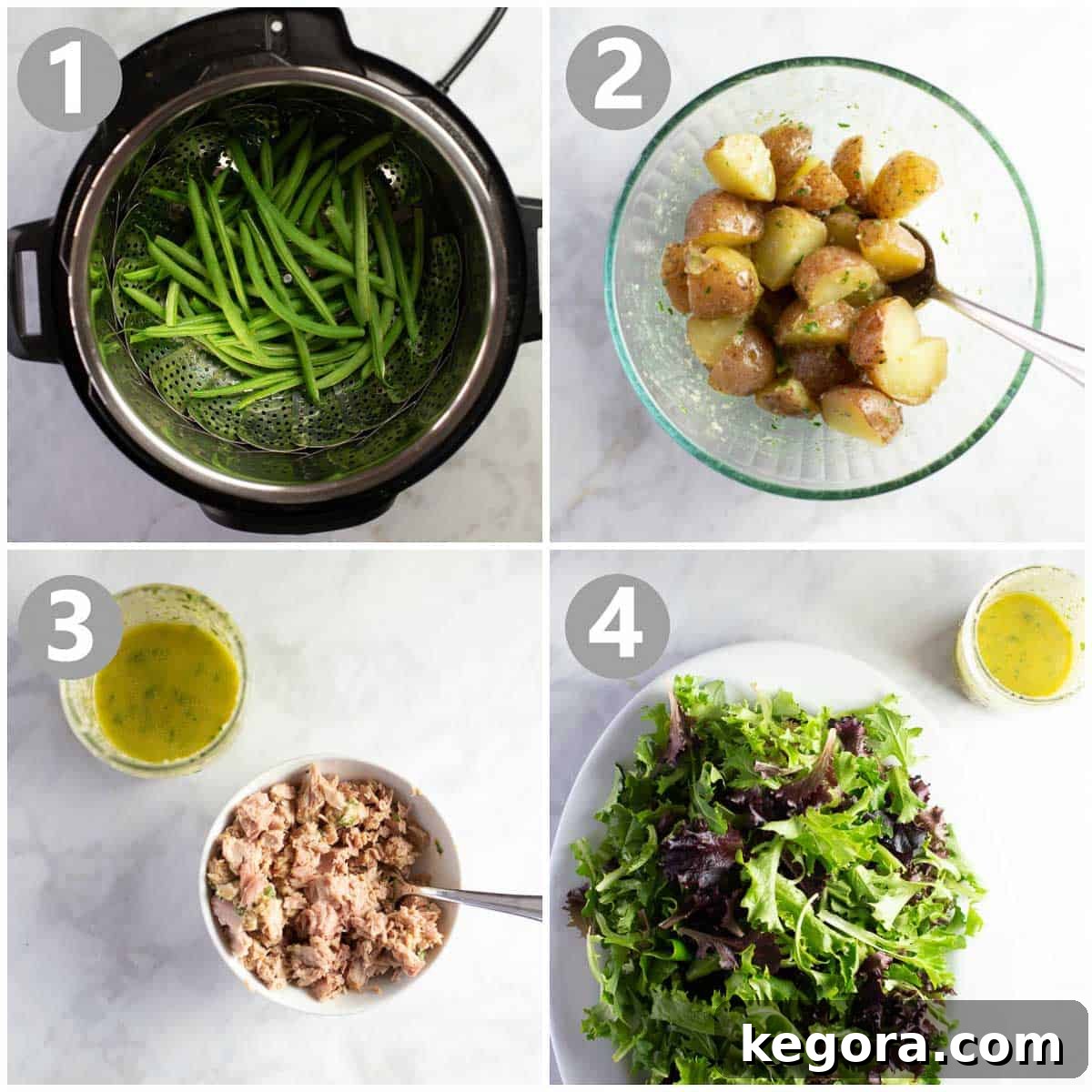 How to Make Salad Nicoise Step-by-step illustration of assembling a Salad Niçoise on a plate.