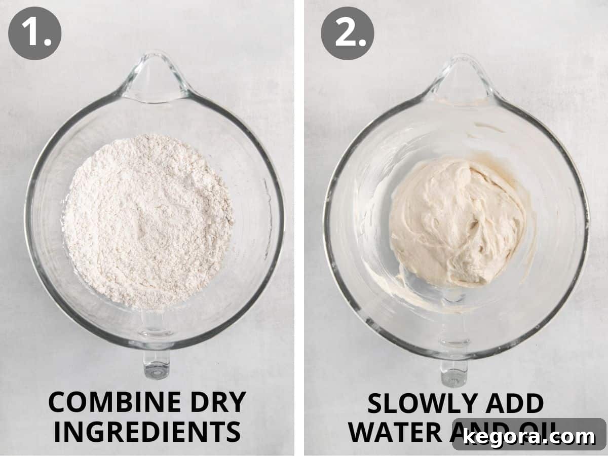 The initial steps of making gluten-free artisan bread: combining dry ingredients in a stand mixer and then slowly incorporating wet ingredients to form a thick dough.