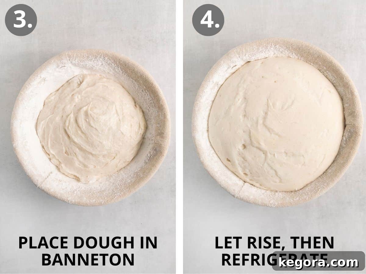 The process of shaping gluten-free dough into a loaf and placing it in a banneton for the initial rise, followed by refrigeration.