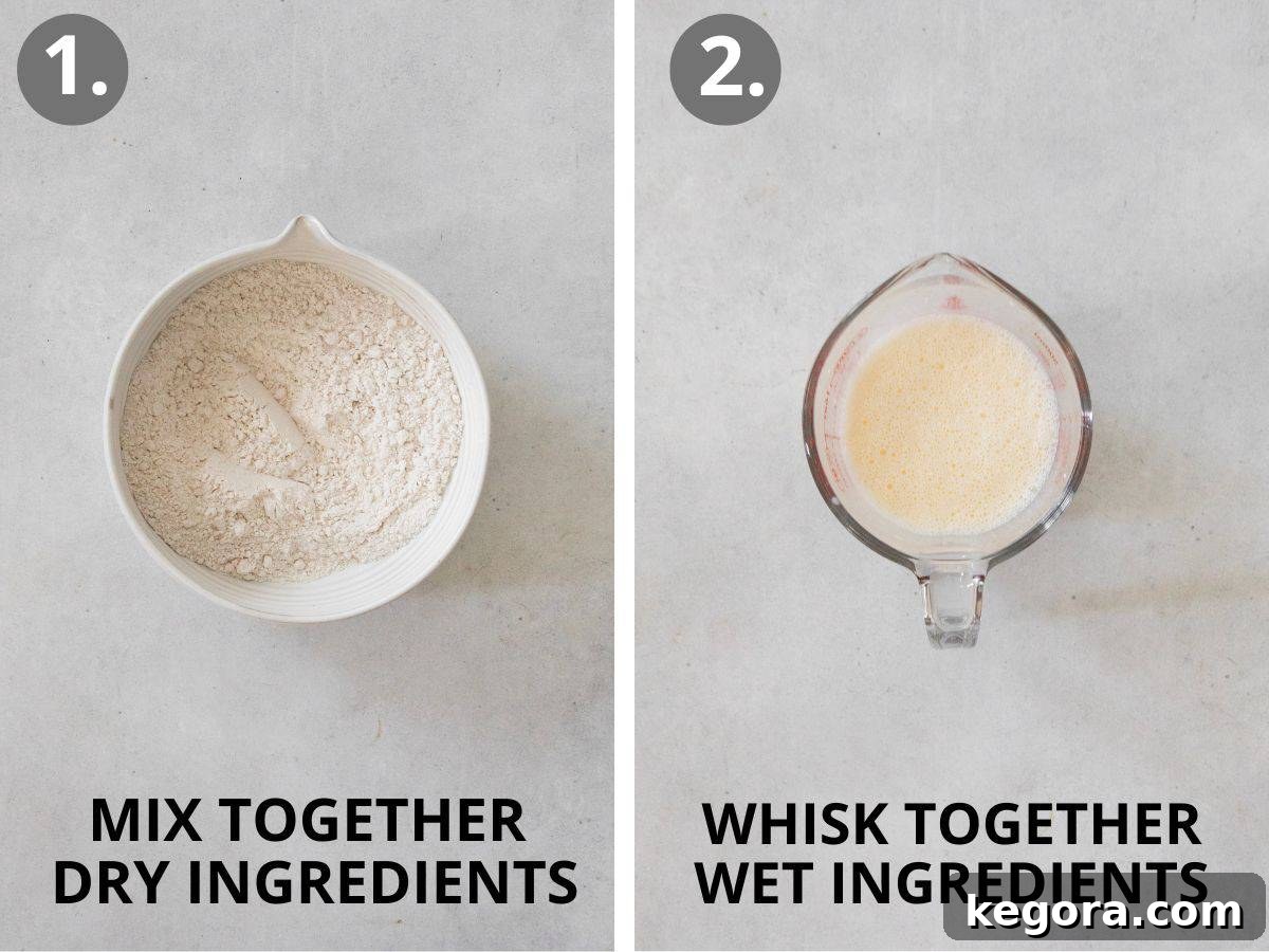 Two steps shown: mixing dry ingredients in one bowl and mixing wet ingredients (milk, egg, melted butter) in a glass measuring cup.