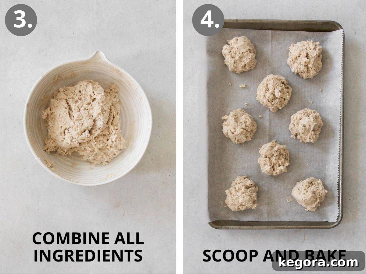 Steps 3 and 4: combining wet and dry ingredients, scooping batter onto a baking sheet, topping with milk, baking, and finally topping with melted butter.