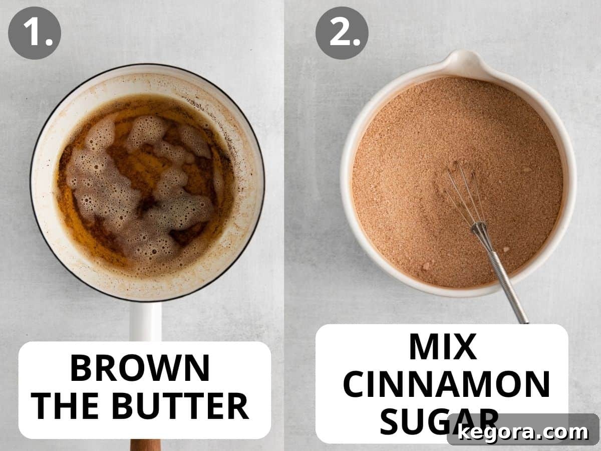 Butter browning in a saucepan, alongside a bowl of cinnamon sugar.
