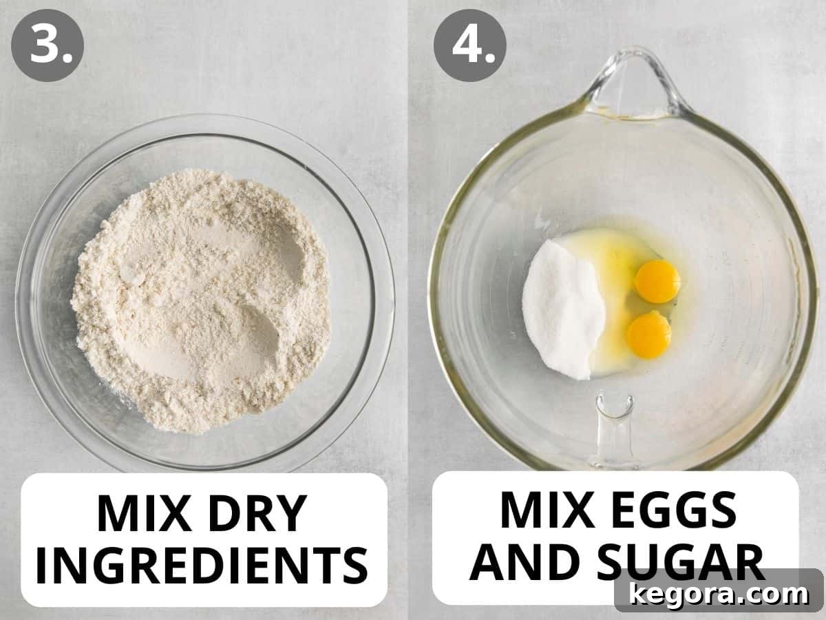 Dry ingredients in a glass bowl, and eggs and sugar mixed in another bowl.
