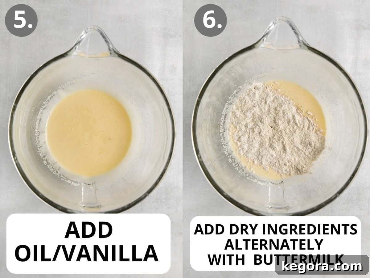 Vanilla extract and oil added into the wet ingredients, then combined with the dry ingredients in a bowl.