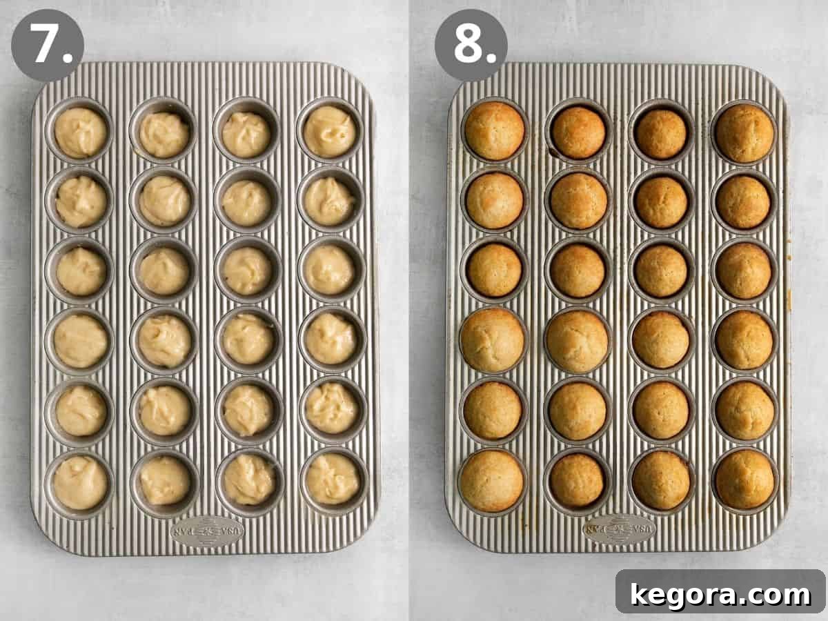 Raw breakfast puff batter scooped into a mini muffin tin, and baked muffins in a tin.