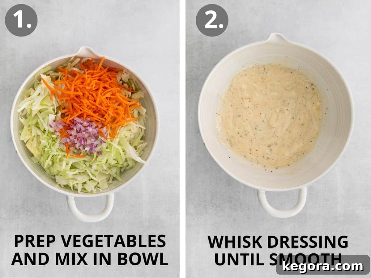 Left image shows prepped vegetables in a bowl. Right image shows dressing ingredients being whisked in a separate bowl.