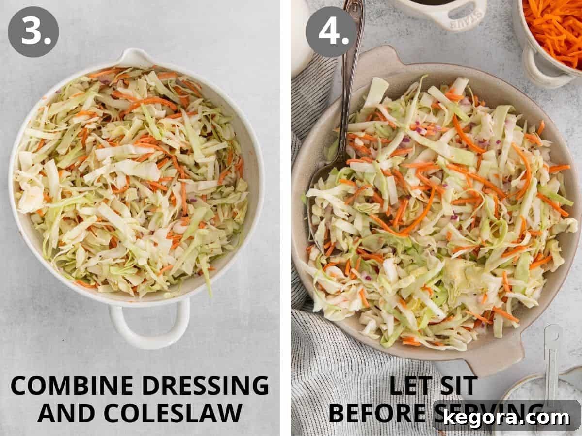 Left image shows dressing being poured over coleslaw vegetables. Right image shows the mixed coleslaw chilling in a bowl before serving.