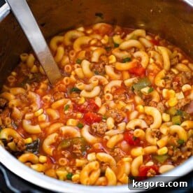 American Goulash in pressure cooker pot with serving ladle