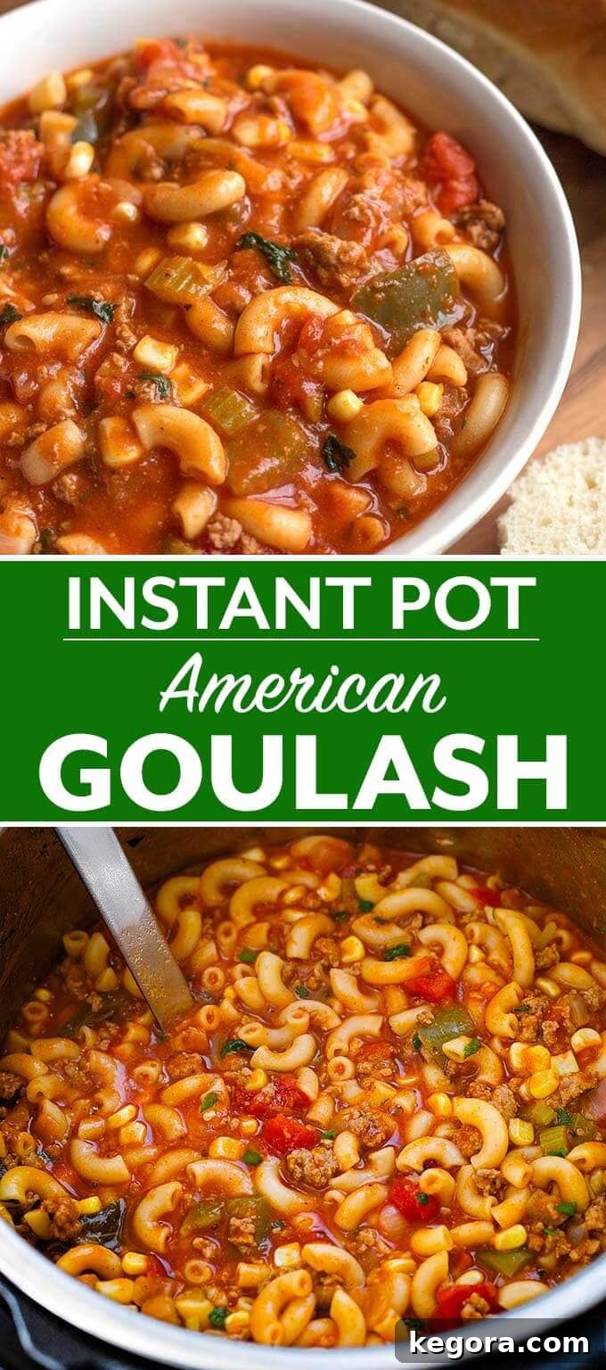 Instant Pot American Goulash is a classic one-pot meal many of us grew up with. Pasta, ground beef, and a tomato sauce are key ingredients in this pressure cooker American Goulash! simplyhappyfoodie.com #instantpotrecipes #instantpotgoulash #pressurecookergoulash