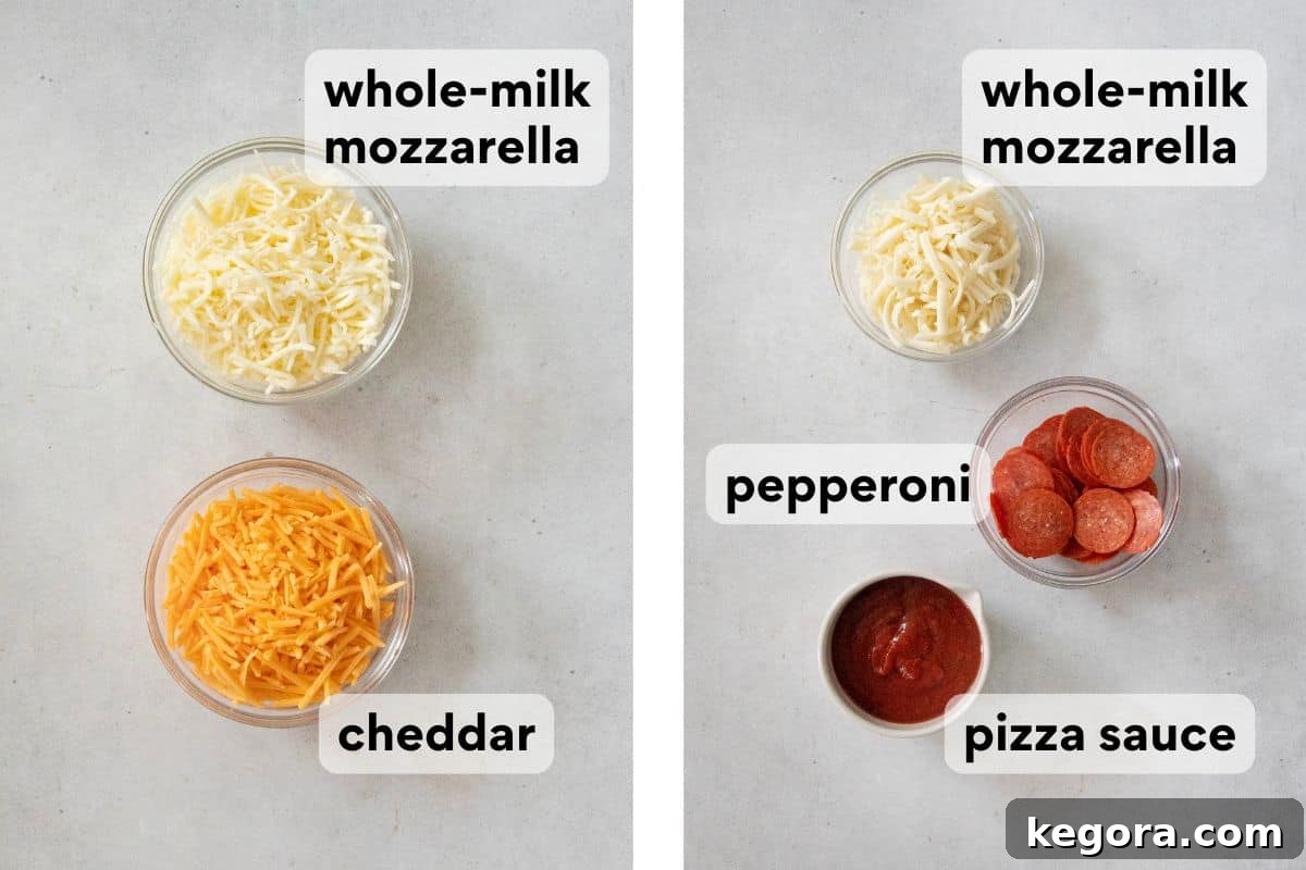 gluten-free Detroit-style pizza cheese crust and topping ingredients measured and labeled.