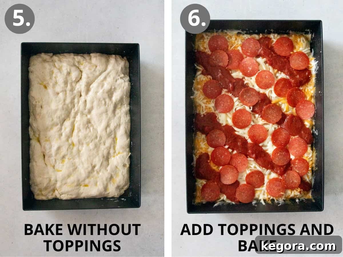 steps 5 and 6 bake without toppings, add toppings, and bake.