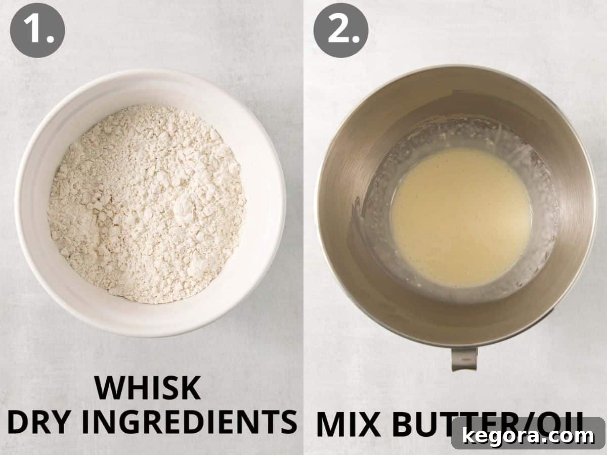 Steps 1 and 2: whisking dry ingredients and mixing butter and oil.
