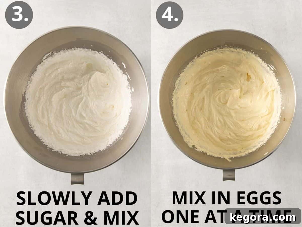 Steps 3 and 4: slowly adding sugar and mixing in eggs one at a time.