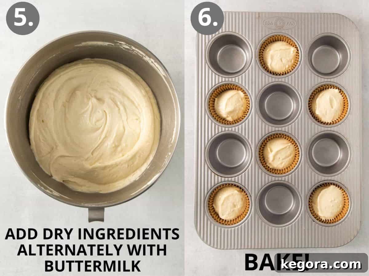 Steps 5 and 6: alternating dry mixture and buttermilk, then baking.